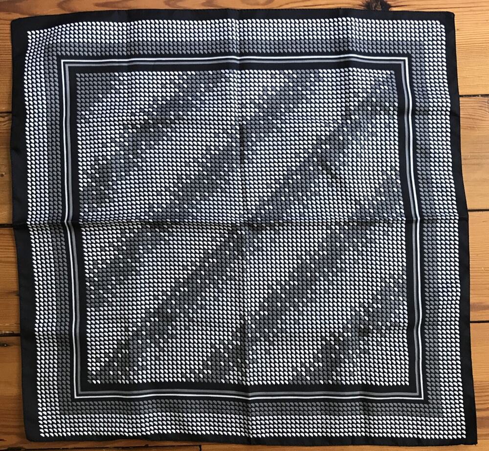 Vintage 70s Black White Gray Italian Italy Patterned Square Head Scarf Wrap 20"